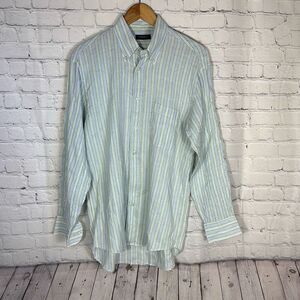 Canali Linen Blend Button up Shirt M Medium Made in  Italy Blue Green Striped